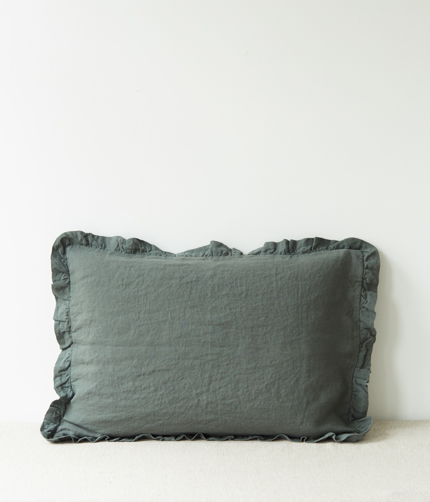 Frilled Pillow Case-Forest Green-Linen Tales.jpg